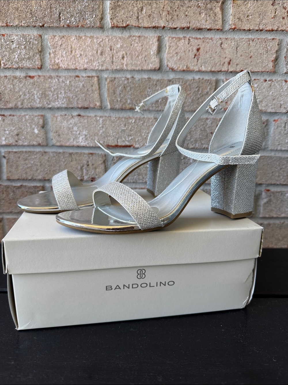 Bandolino Silver Sparkle Block Heel Ankle-Strap Sandals